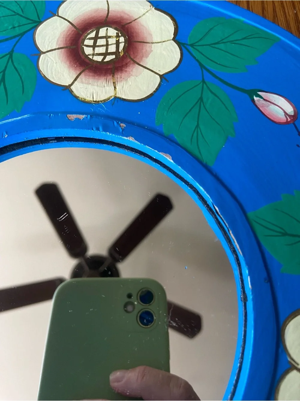 Vintage Folk Art Hand-Painted Blue Floral Round Wall Mirror
